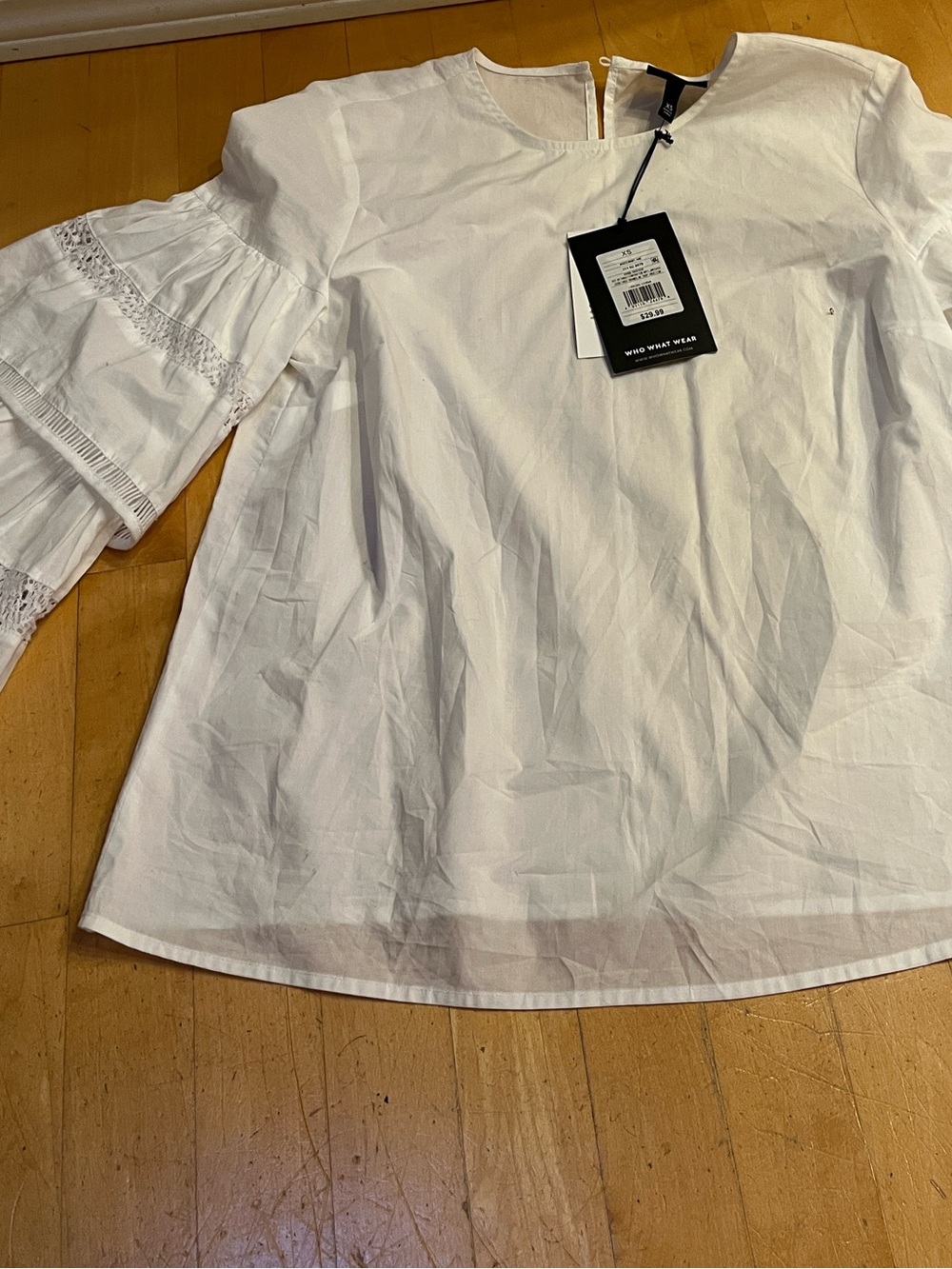 WHO WHAT WEAR white cotton poplin top with ruffled tier sleeves/XS NWT
